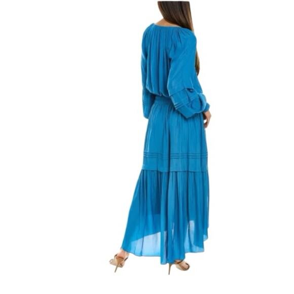 Ramy Brook Long Sleeve Satin Blue V Neck Midi Dress - Picture 2 of 8